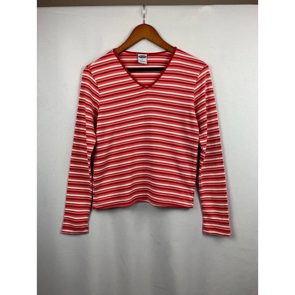 Old Navy Striped V-Neck Long Sleeve Top S Cotton Red & White
